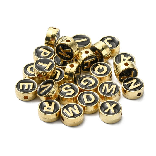 Gold and Black Enamel Alphabet Letter Beads, Metal Letter Beads, 1 Set A-Z or Ten Specific Letters