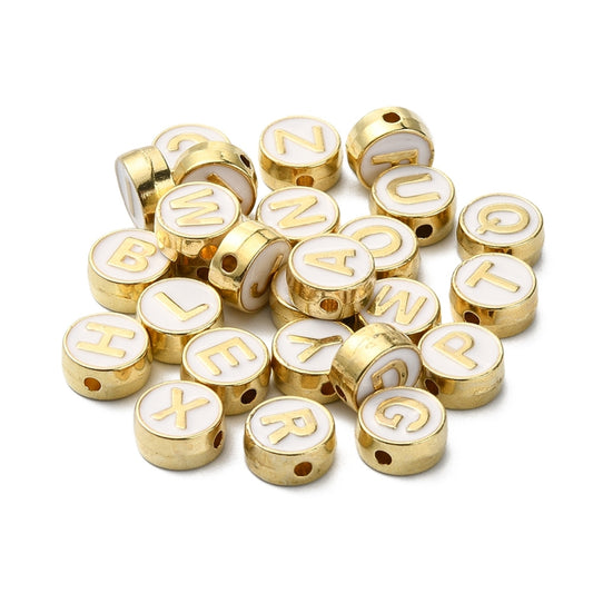 Gold and White Enamel Alphabet Letter Beads, Metal Letter Beads, 1 Set A-Z or Ten Specific Letters