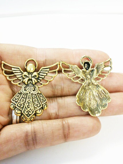 2 Large Angel Pendant Charms antique gold tone
