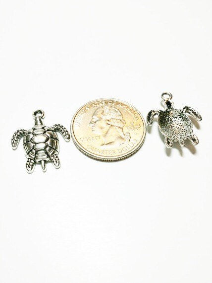 5 Turtle Charms antique silver tone