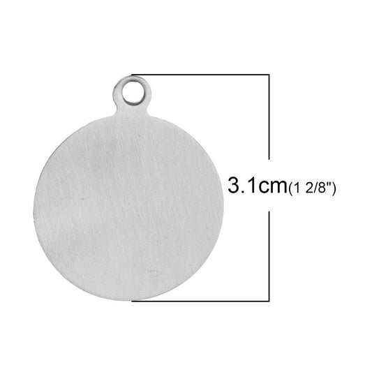 5 Stainless Steel Blank Stamping Tags Pendants Round Silver Tone 31mm x 27mm