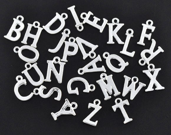 26 Alphabet Letter Charms Silver Tone Initial Charms, Full set of 26 Letter Beads