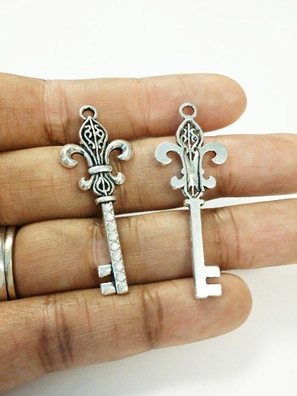 2 Fleur De Lis Key Charm Antique Silver Tone Rhinestone