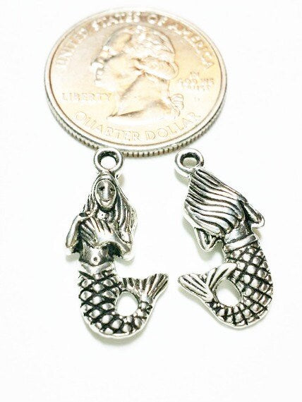 5 Mermaid Charms antique silver tone