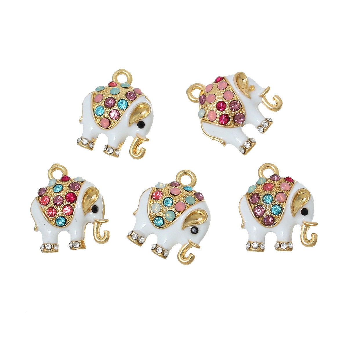 5 Enamel Elephant Charms, Bling Elephant Charms, Rhinestone Animal Charms, Jewelry Making Supplies