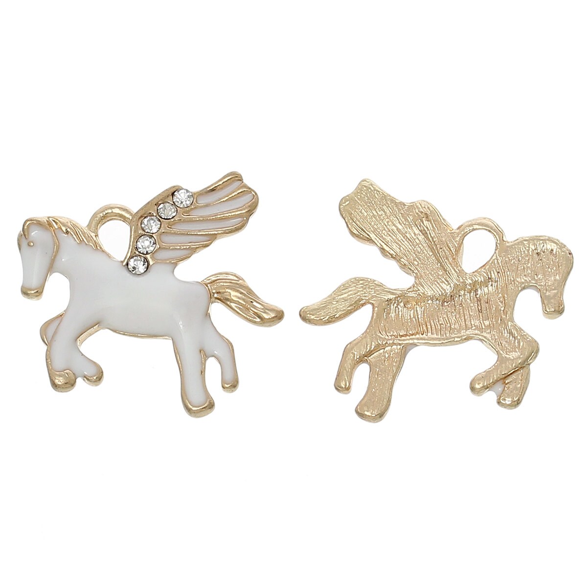 5 Pegasus charm, white enamel rhinestone gold plated winged horse
