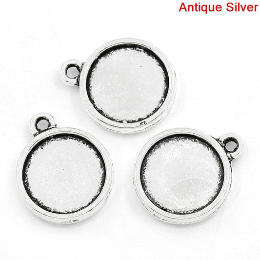 50 Two Side Cabochon Settings Fits 12mm Antique Silver, Cab Settings