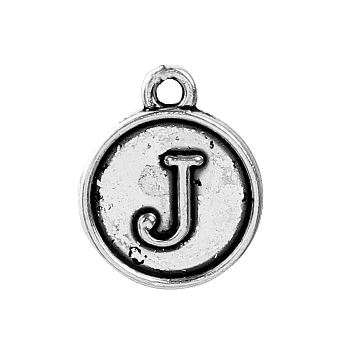Letter J Charms Antique Silver Tone, Round Initial Charms