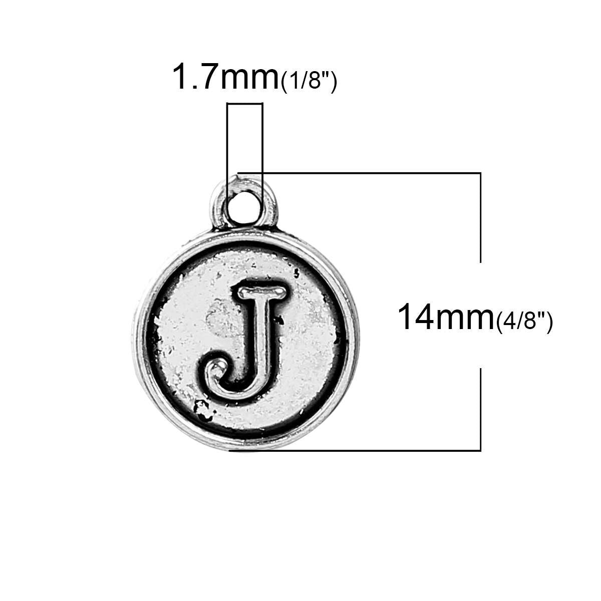 Letter J Charms Antique Silver Tone, Round Initial Charms