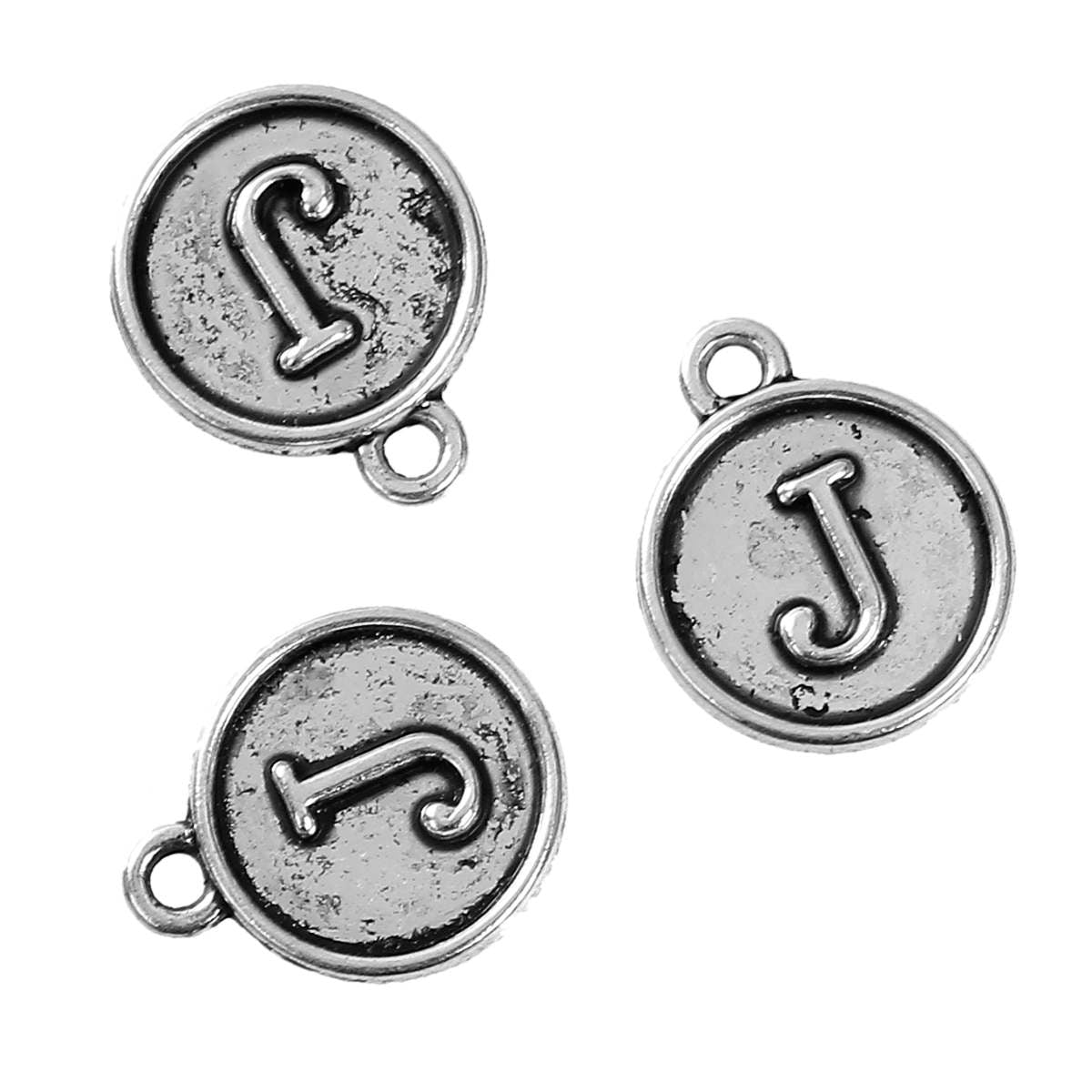 Letter J Charms Antique Silver Tone, Round Initial Charms