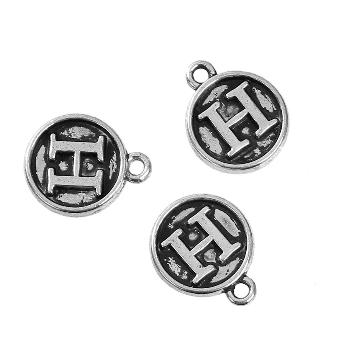 Letter H Charms Antique Silver Tone, Round Initial Charms