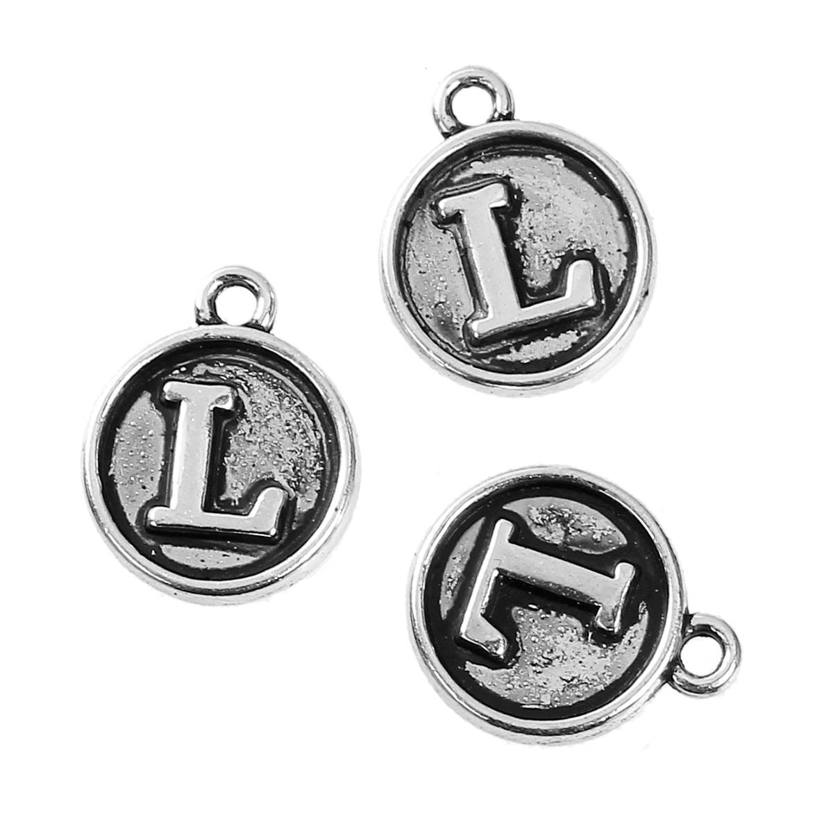 Letter L Charms Antique Silver Tone, Round Initial Charms