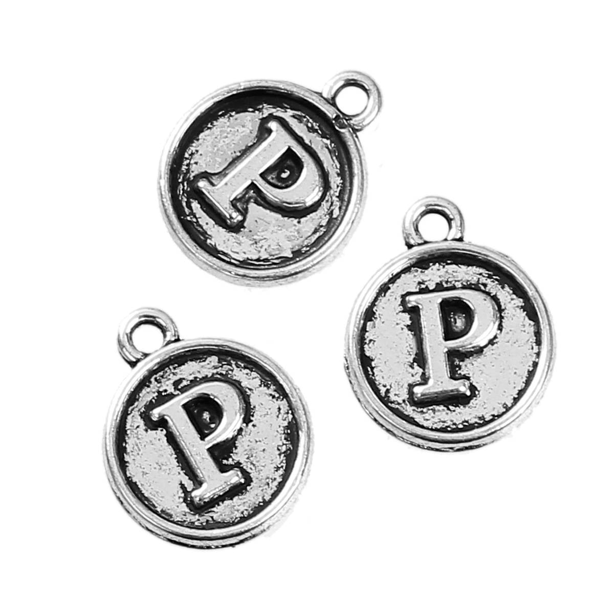 Letter P Charms Antique Silver Tone, Round Initial Charms