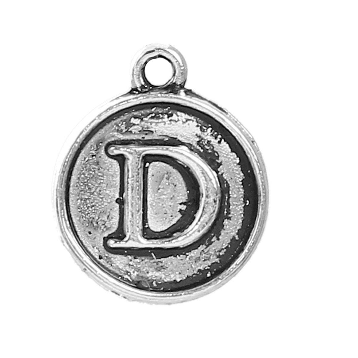 Letter D Charms Antique Silver Tone, Round Initial Charms