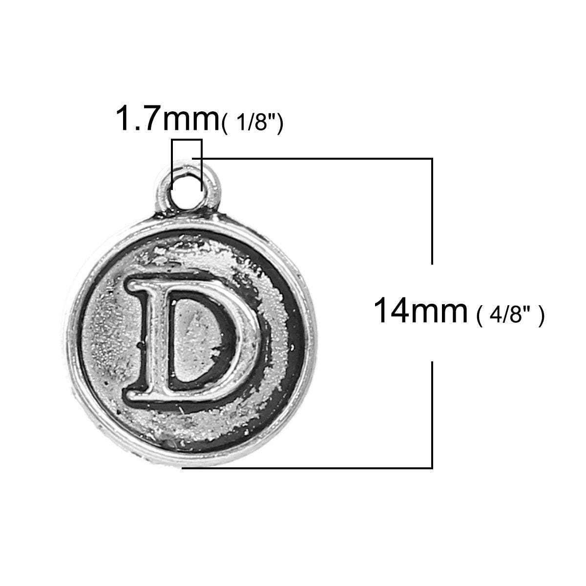 Letter D Charms Antique Silver Tone, Round Initial Charms