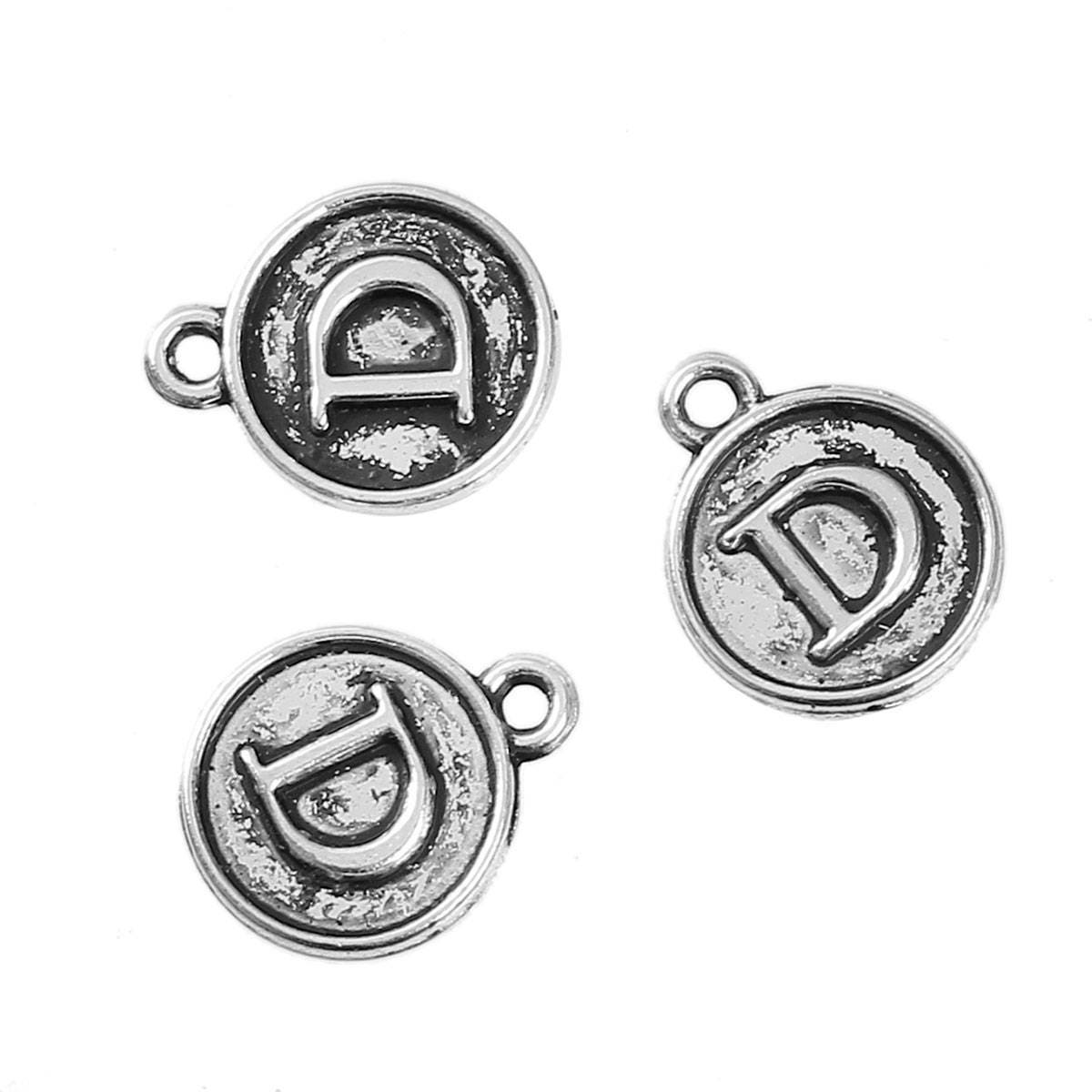 Letter D Charms Antique Silver Tone, Round Initial Charms