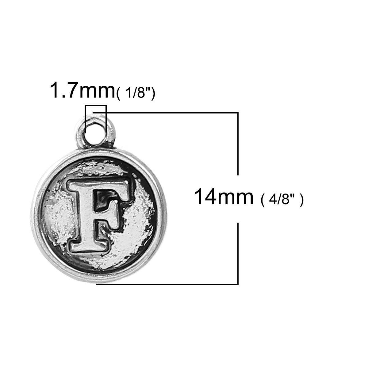 Letter F Charms Antique Silver Tone, Round Initial Charms