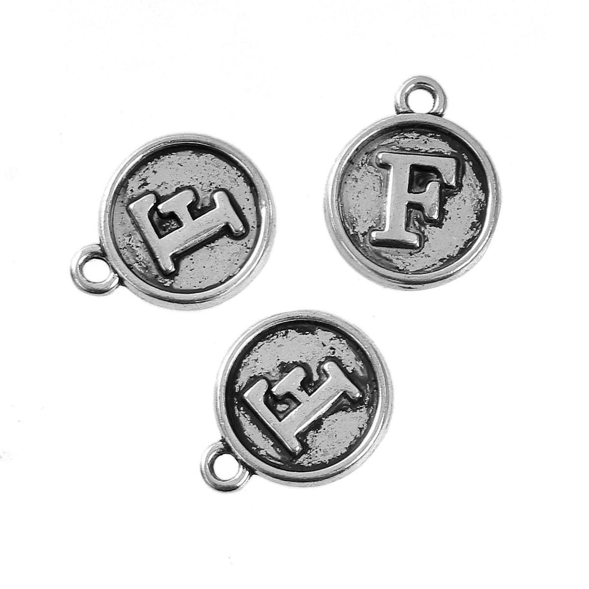 Letter F Charms Antique Silver Tone, Round Initial Charms