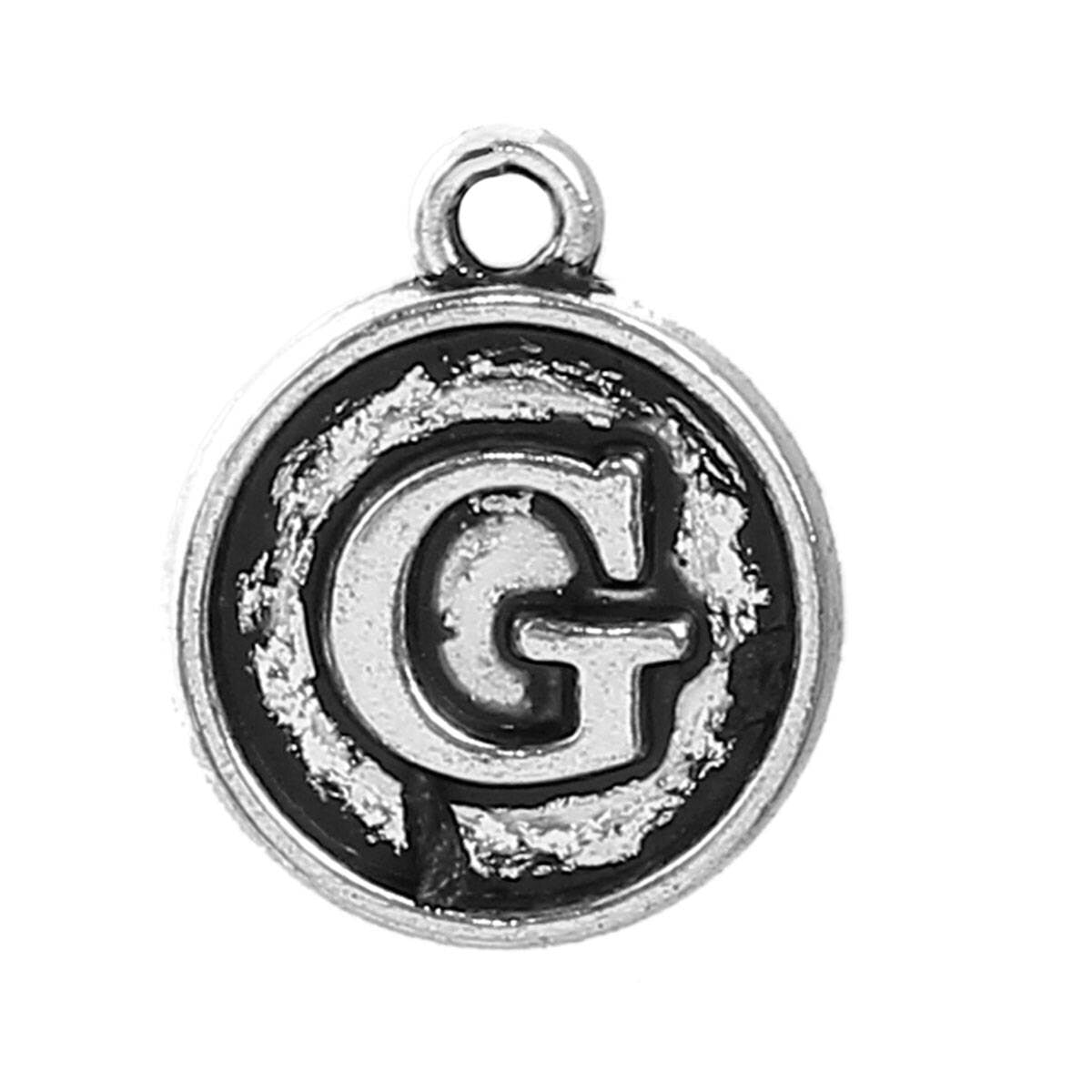 Letter G Charms Antique Silver Tone, Round Initial Charms