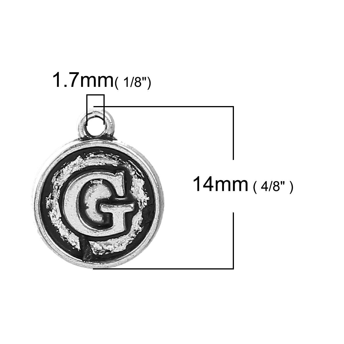 Letter G Charms Antique Silver Tone, Round Initial Charms