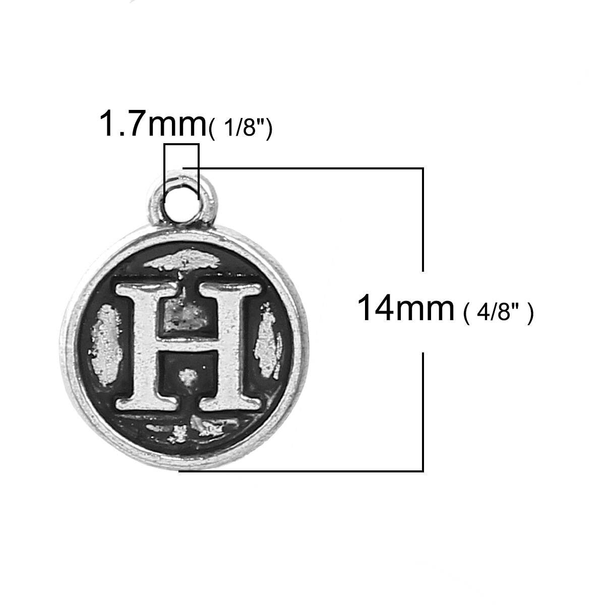 Letter H Charms Antique Silver Tone, Round Initial Charms