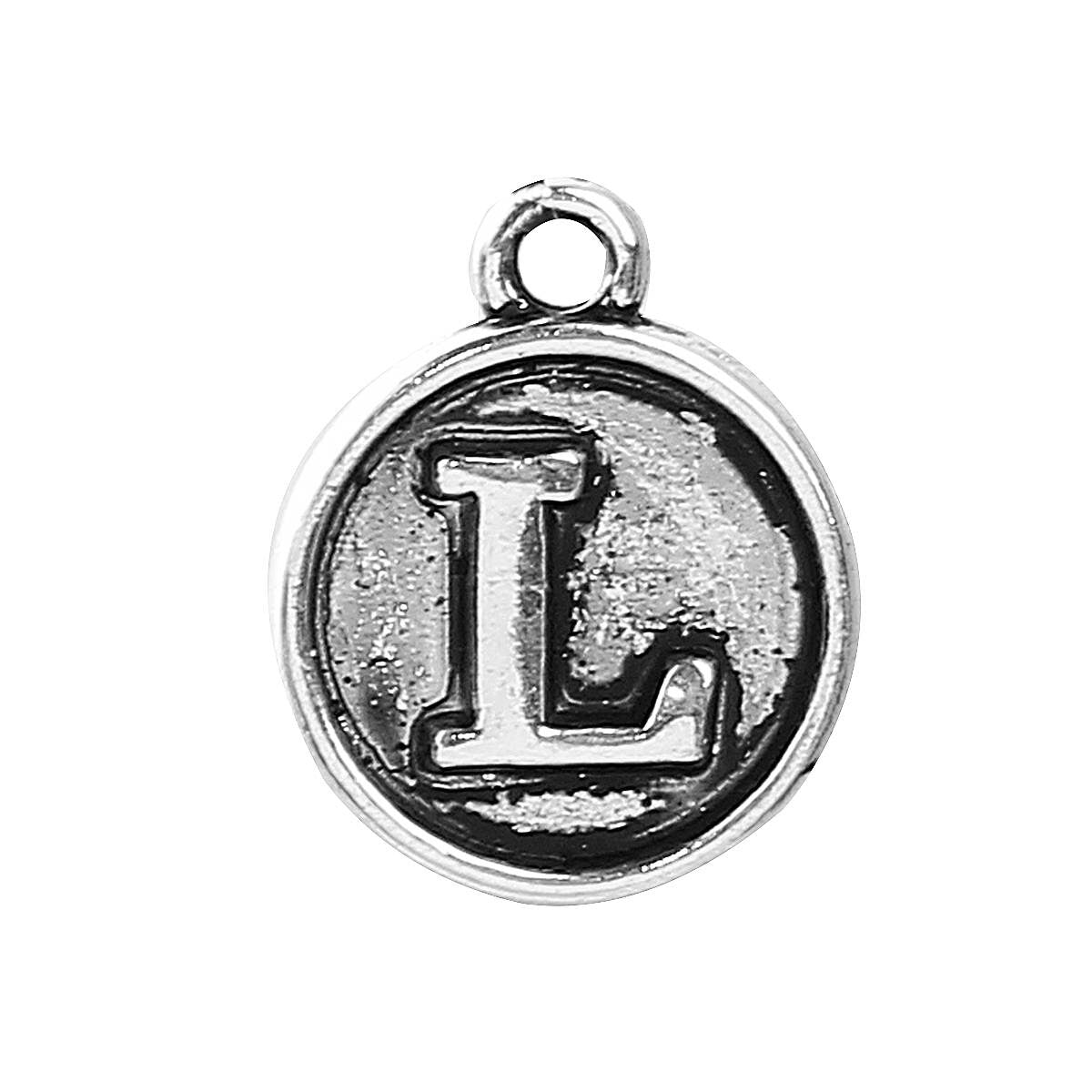 Letter L Charms Antique Silver Tone, Round Initial Charms