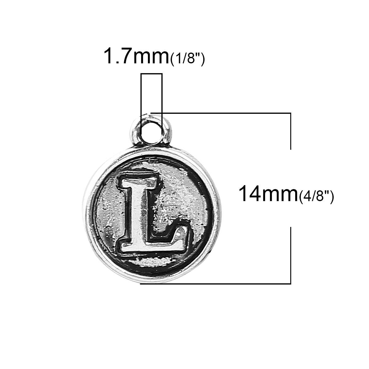 Letter L Charms Antique Silver Tone, Round Initial Charms