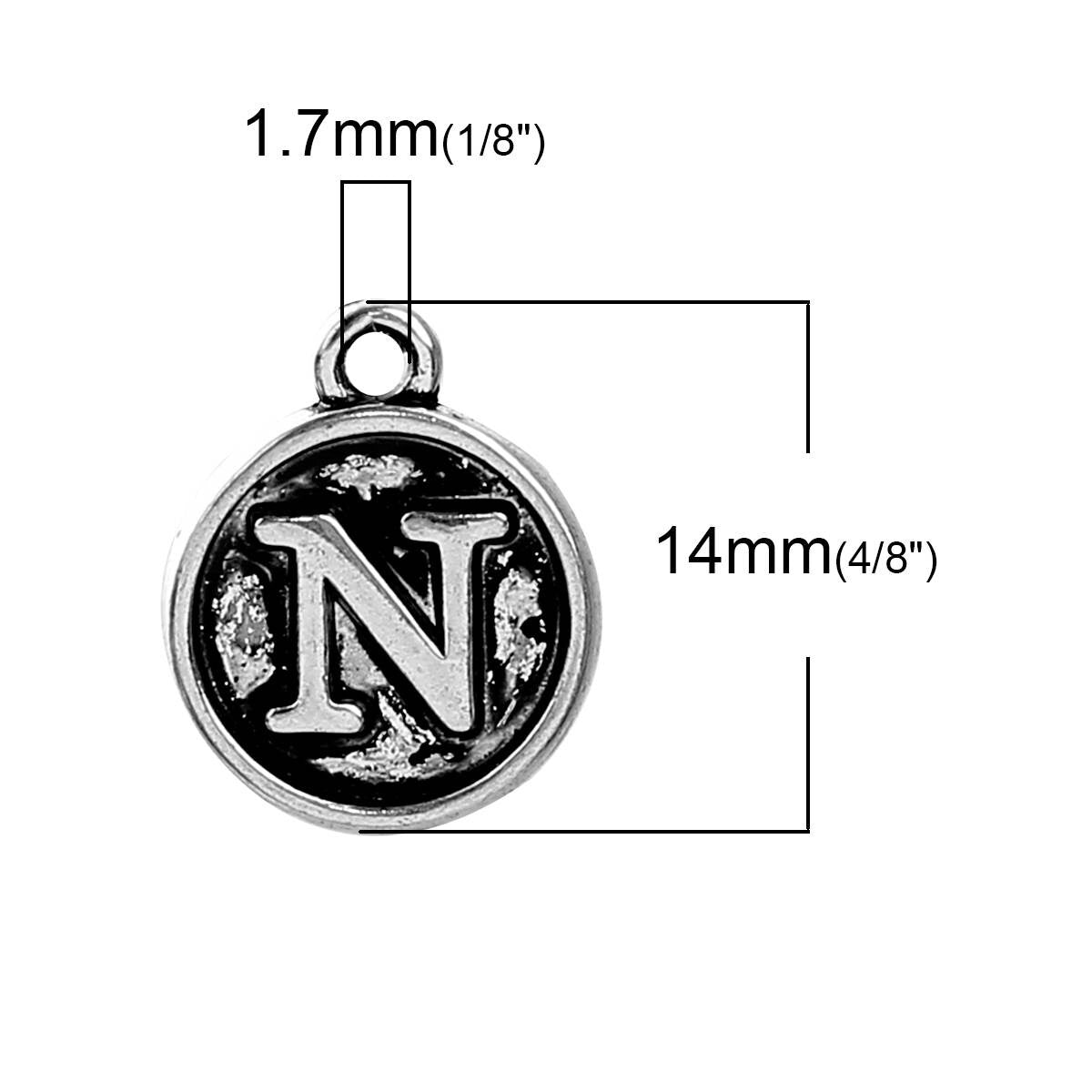Letter N Charms Antique Silver Tone, Round Initial Charms