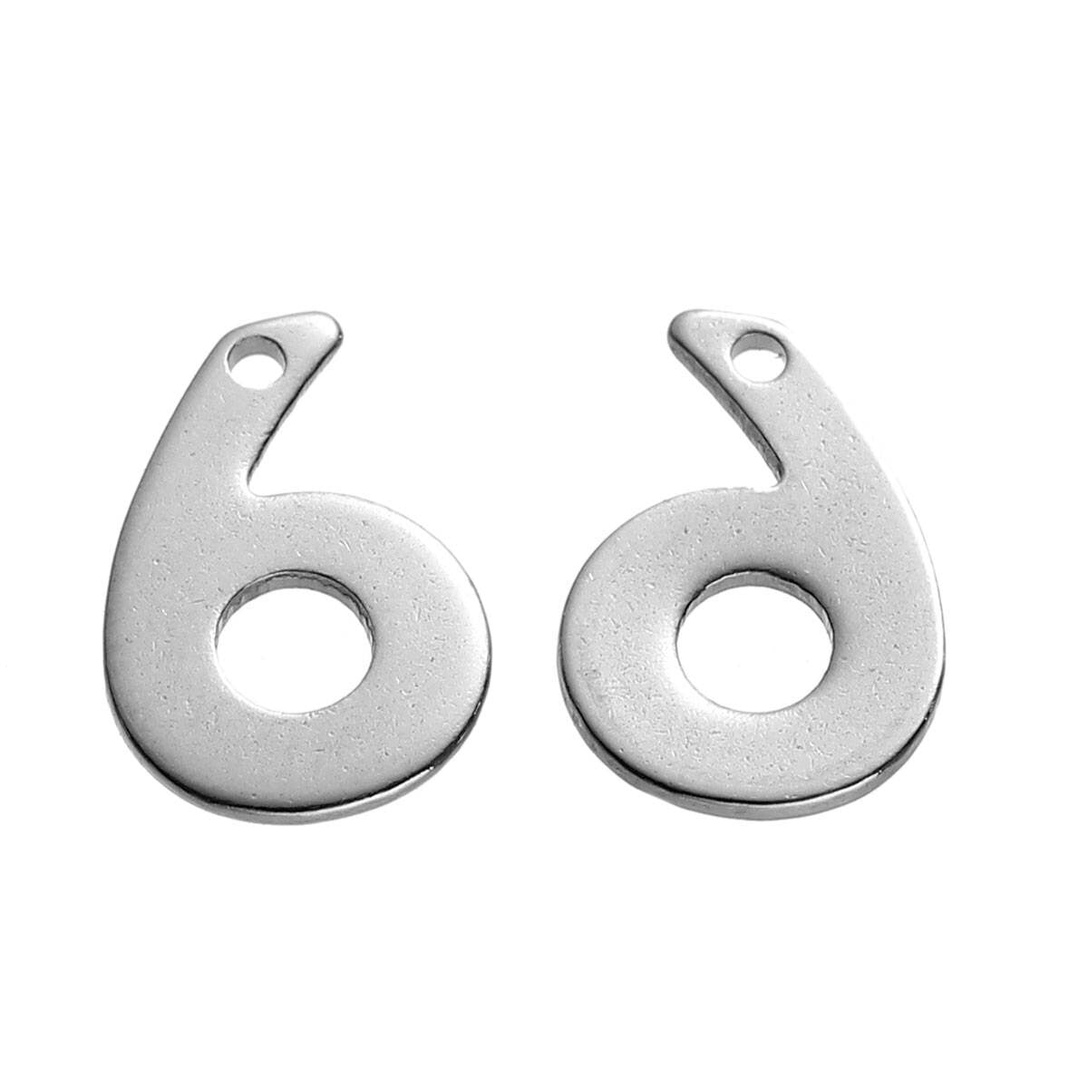 25 Number 6 Charms Stainless Steel, Number Six Charms, 11mm x 8mm, 3479
