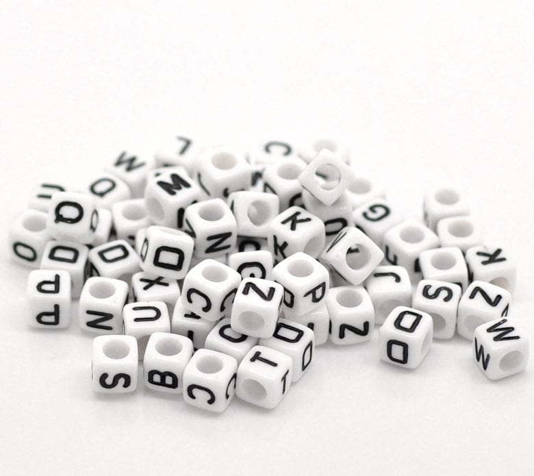 Acrylic Square Black & White 6mm x 6mm Random Initial Alphabet Letter Beads