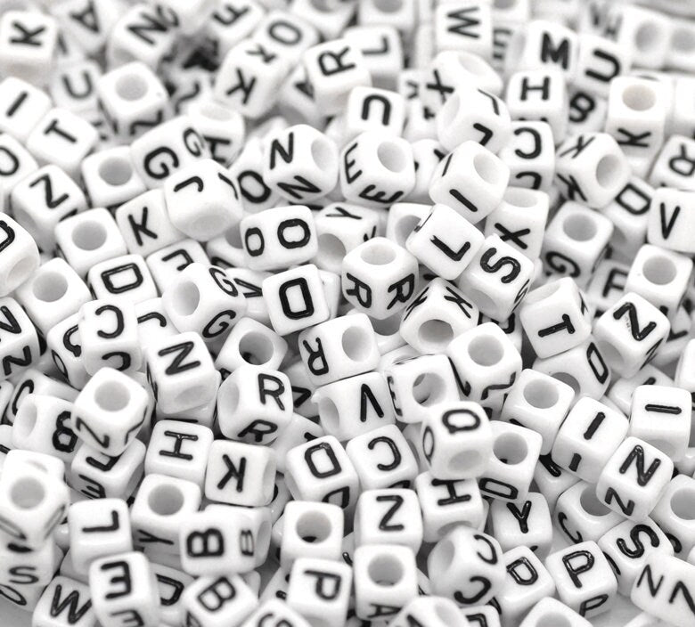 Acrylic Square Black & White 6mm x 6mm Random Initial Alphabet Letter Beads