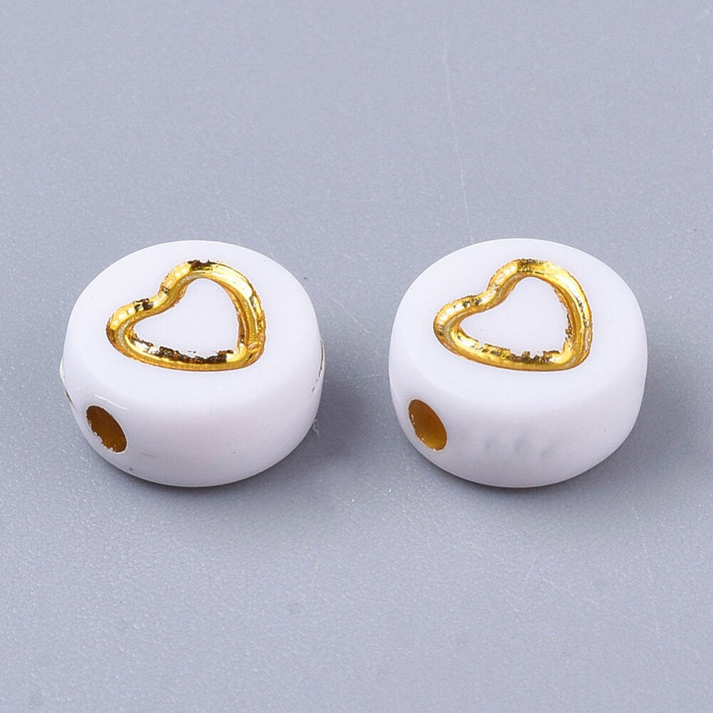 Gold and White Acrylic Heart Beads 7mm, Letter Beads