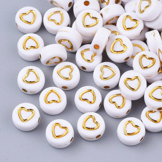 Gold and White Acrylic Heart Beads 7mm, Letter Beads