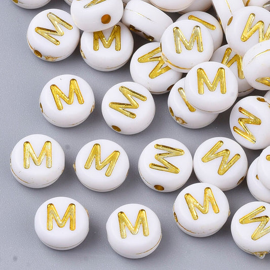 Letter M Beads, 7mm Gold and White Alphabet Beads