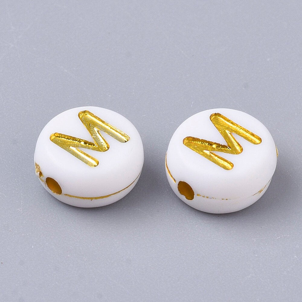 Letter M Beads, 7mm Gold and White Alphabet Beads