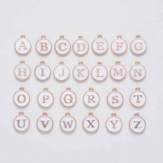White and Gold Enamel Alphabet Letter Charms A-Z, Cup Charms