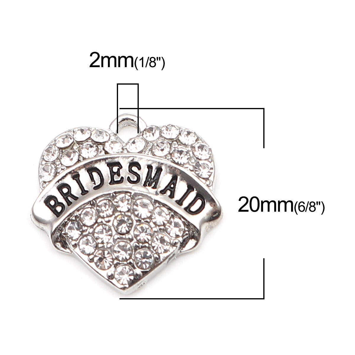 2 Bridesmaid Heart Charms Rhinestone 20mm