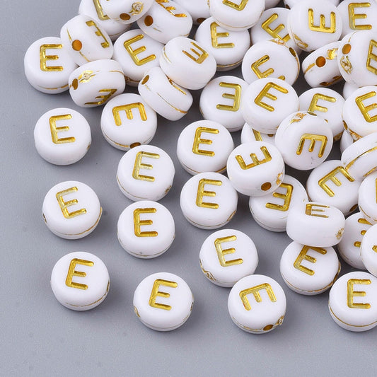 Gold Letter E Beads, 7mm Gold and White Alphabet Beads
