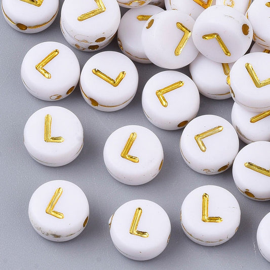 Letter L Beads, 7mm Gold and White Alphabet Beads