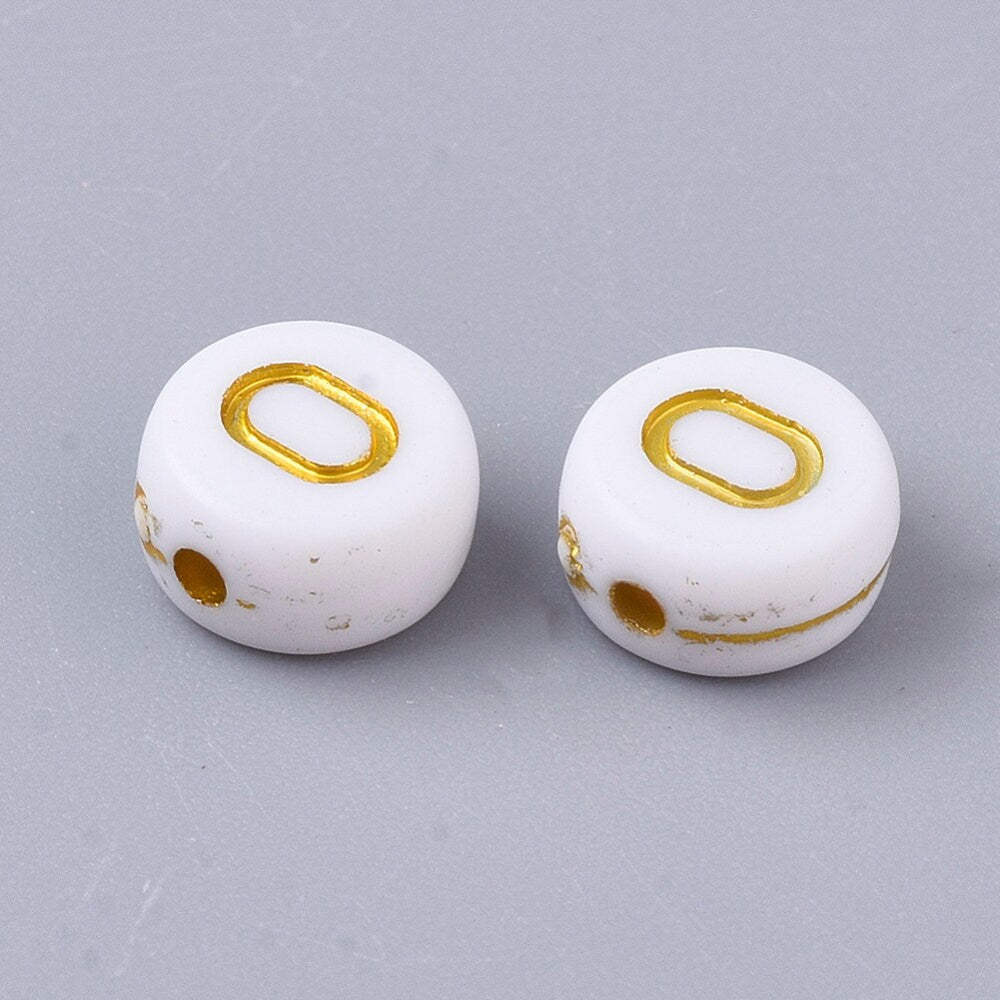 Letter O Beads, 7mm Gold and White Alphabet Beads