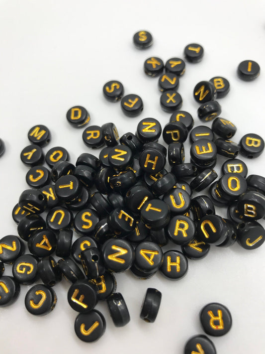 Black & Gold Alphabet Beads 7mm, Name beads, Letter A-Z Round Beads 7mm