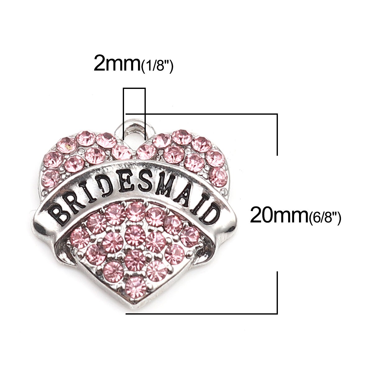 2 Bridesmaid Heart Charms Rhinestone 20mm