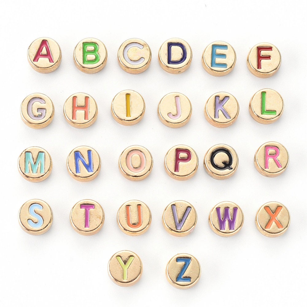Gold Enamel Alphabet Letter Beads, Metal Letter Beads, Jewelry Making Supplies