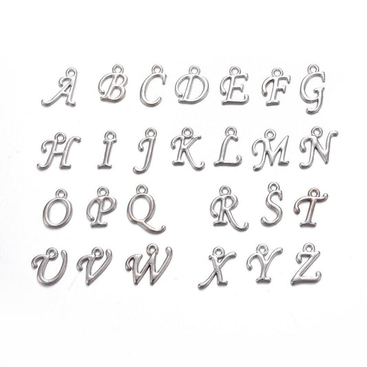 26 Initial Letter Charms Silver Plated, Platinum Rose Gold or Golden, One Full set of 26 Letter Charms