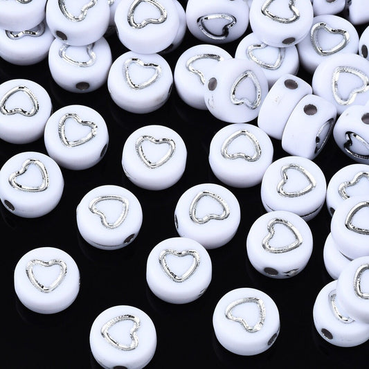 Silver and White Acrylic Heart Beads 7mm, Letter Beads