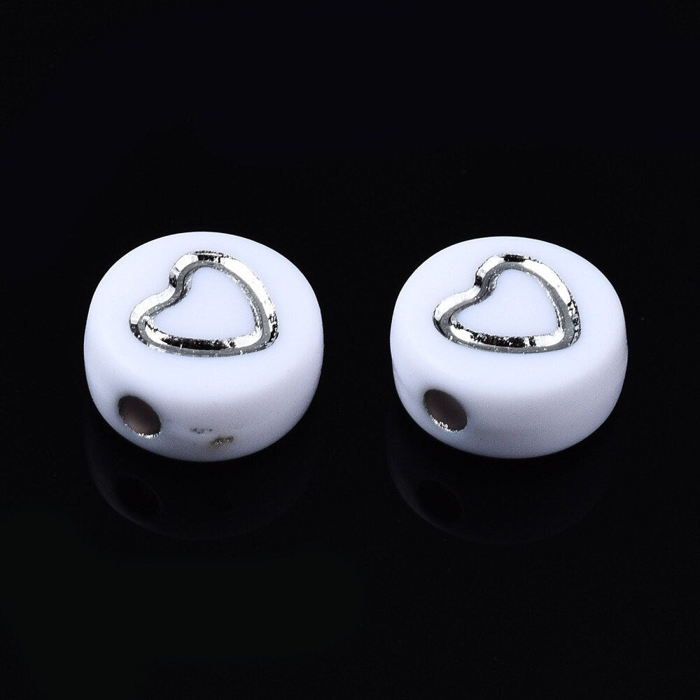 Silver and White Acrylic Heart Beads 7mm, Letter Beads