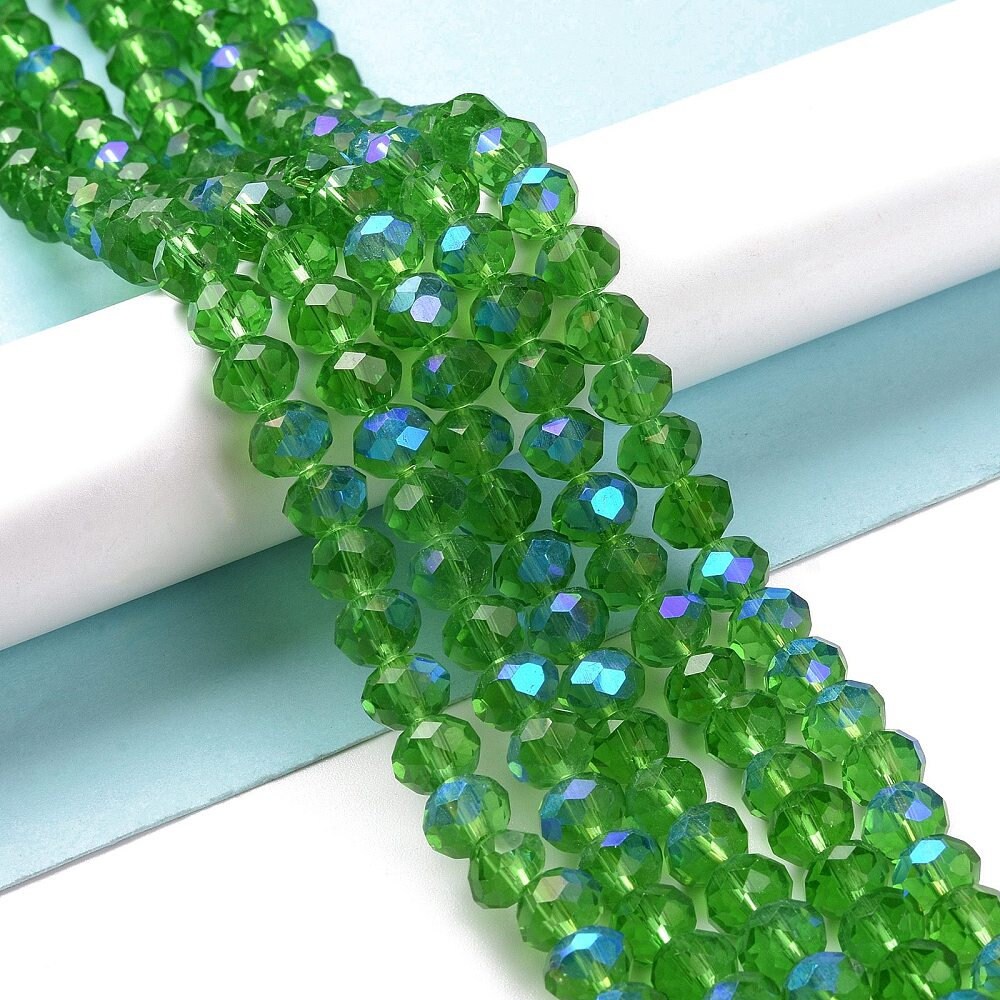 Green Faceted Rondelle Beads AB Color Plated, 10x8mm, Jewelry Making Supplies