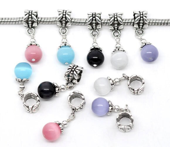 10 Cat's Eye Glass Large Hole Charm Dangle Beads Ball Silver Plated Mixed 28mm, European Charms, Big Hole Beads