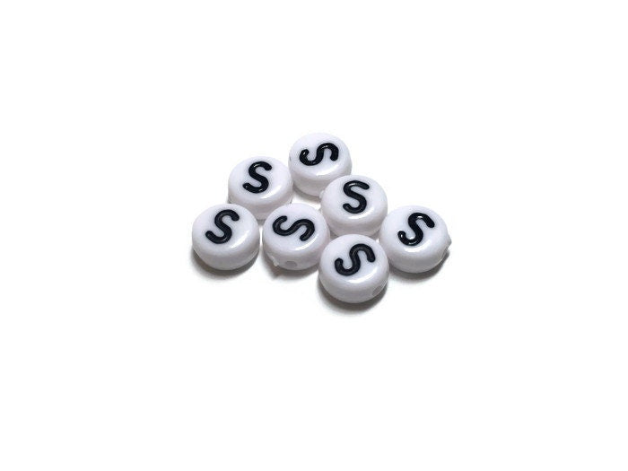 Letter S Beads 7mm, Initial Beads, ABC Beads, Black & White Alphabet Beads
