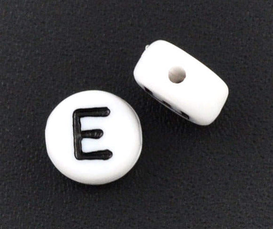 Letter E Beads 7mm, Black & White Alphabet Beads, Acrylic letter beads, Spacer Beads 7mm